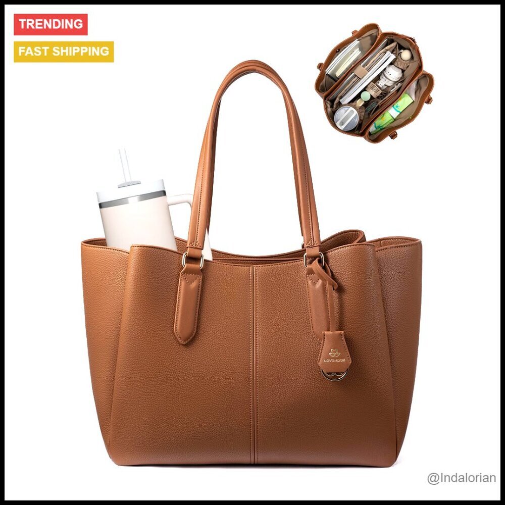 Faux Leather Laptop Tote Briefcase Triple Compartments Professional Work Bag
